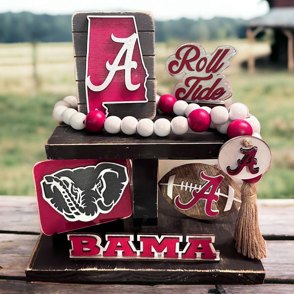 University of Alabama Crimson Tide football themed tiered tray decor set.  Roll Tide!