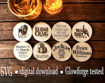 Kentucky Bourbon Whiskey coaster set decor. Jim Beam. Maker&#39;s Mark  SVG. Cut engrave file. digital download Glowforge and Xtool D1 tested