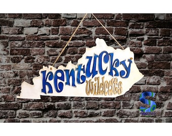 UK University of Kentucky Wildcats basketball football state shaped sign. Choose door hanger or table top sign (with easel)