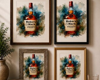 メーカーズマーク バーボンウイスキー 水彩画 アートプリント：バー