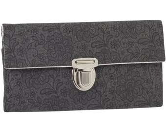 Women's wallet, stock exchange wallet, unique plug-in closure, fabric ornaments, grey