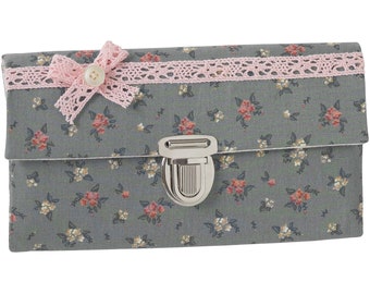 Women's wallet, stock exchange wallet, unique plug-in closure, fabric flowers bow, olive pink