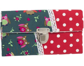 Women's wallet, stock exchange wallet, unique plug-in closure, fabric, owls, green, dots, red and white