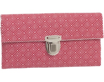 Women's wallet, stock exchange wallet, unique plug-in closure, fabric diamonds, red and white