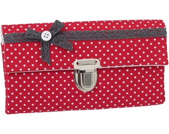 Women's wallet, stock exchange wallet, unique plug-in closure, fabric dots, red lace bow