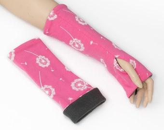 Arm warmers with Daumloch ladies lined, cuffs, motif dandelion pink white, lined with fleece Handmade unique NEW