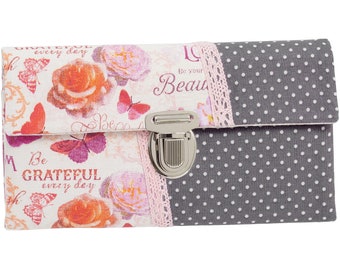 Women's wallet, stock exchange wallet, unique plug-in closure, fabric, flowers, butterflies, dots, gray and white