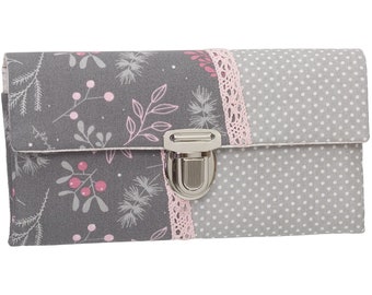 Women's wallet, stock exchange wallet, unique plug-in closure, fabric grey/pink leaves, dots, lace