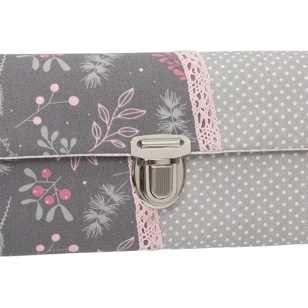 Women's wallet, stock exchange wallet, unique plug-in closure, fabric grey/pink leaves, dots, lace