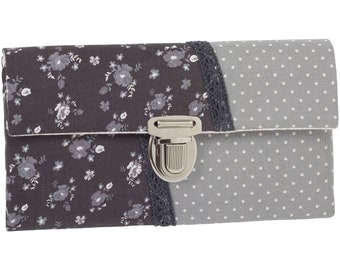 Women's wallet, stock exchange wallet, unique plug-in closure, fabric, flowers, dots, white and grey