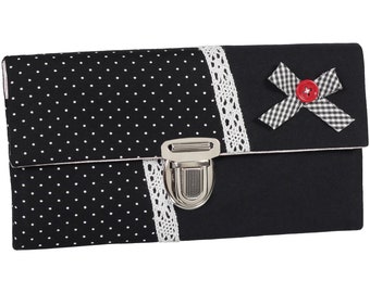 Women's wallet, stock exchange wallet, unique plug-in closure, fabric, dots, lace, black and white