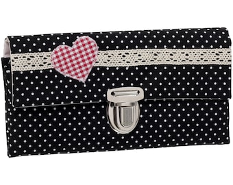 Women's wallet, stock exchange wallet, unique plug-in closure, fabric dots, black lace heart