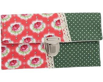 Women's wallet, stock exchange wallet, unique plug-in closure, fabric roses, red, dots, green, white