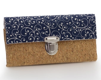 Women's wallet, wallet, cork wallet, unique plug-in closure, cork fabric, blue/brown flowers tendrils