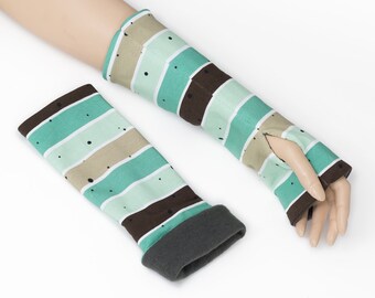 Arm warmers with Daumloch ladies lined, cuffs, motif stripes turquoise mint beige brown, lined with fleece Handmade unique NEW