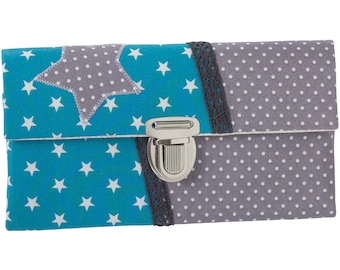 Women's wallet, stock exchange wallet, unique plug-in closure, fabric, stars, dots, turquoise grey