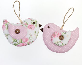 2 birds made of fabric 12 x 9 cm in country house style, fabric birds pink/white, spring decoration, decoration, pendant, gift, handmade