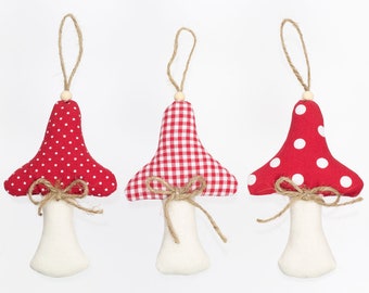 3 mushrooms made of fabric 11 x 8 cm in country house style, fabric mushrooms red and white, gift tags, decoration, handmade