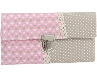 Women's wallet, stock exchange wallet, unique plug-in closure, fabric hearts, pink, beige, dots, beige, white