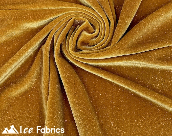 Gold Glitter Velvet Fabric By The Yard | Shiny Glitter Spandex Fabric | On Stretch Velvet Fabric | (60” Wide ) | For Dresses, tablecloth