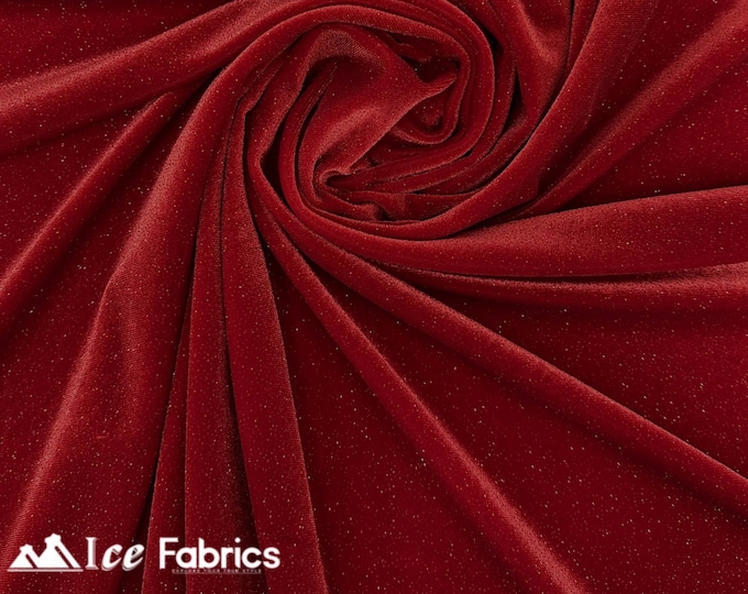 Red Velvet Fabric By The Yard | Shiny Glitter Spandex Fabric | On Stretch Velvet Fabric | (60” Wide ) | For Dresses, tablecloth