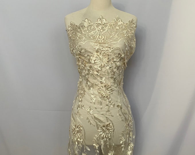 Cream,Ivory/ Mesh Lace Fabric 3D Flowers Lace Floral Design By The Yard/ Embroidered Flower Diamond/ Bridal Lace/ Prom Lace/Tablecloth/Skirt