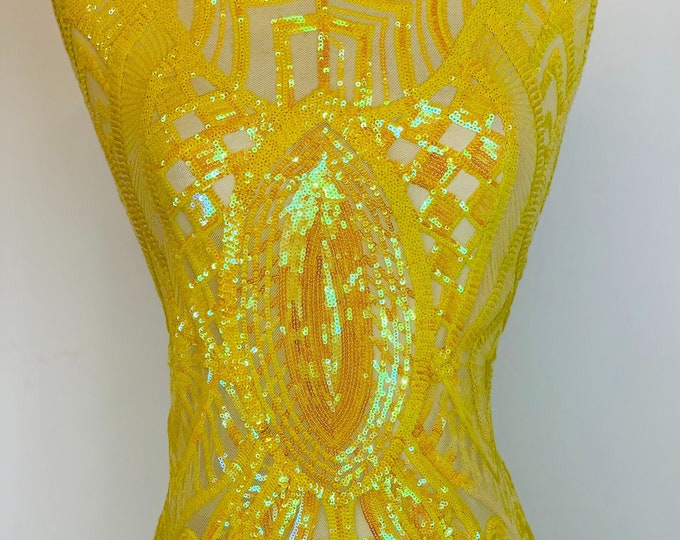 New Yellow Iridescent Sequin Fabric By The Yard/ 4 Way Stretch Sequin Fabric/ Embroidered Fabric/Sequins Lace Fabric/  Spandex Mesh Fabric