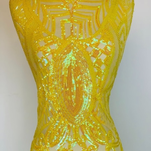 New Yellow Iridescent Sequin Fabric By The Yard/ 4 Way Stretch Sequin Fabric/ Embroidered Fabric/Sequins Lace Fabric/  Spandex Mesh Fabric