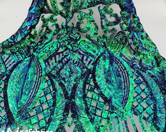 New Green Iridescent Sequin Fabric By The Yard/ 4 Way Stretch Sequin Fabric/ Embroidered Fabric/Sequins Lace Fabric/ ON Black Mesh Fabric