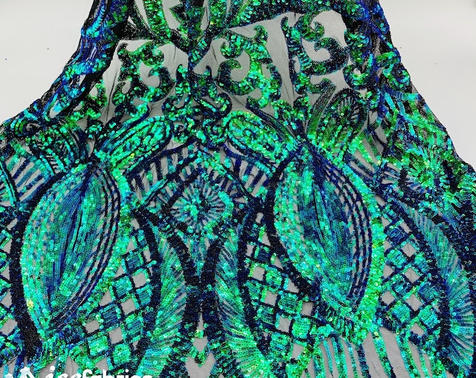 New Green Iridescent Sequin Fabric By The Yard/ 4 Way Stretch Sequin Fabric/ Embroidered Fabric/Sequins Lace Fabric/ ON Black Mesh Fabric