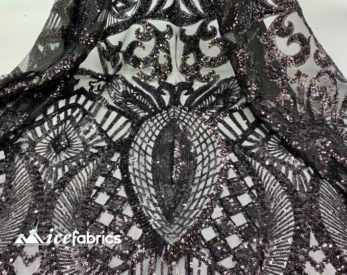 New Black Sequin Fabric By The Yard/ 4 Way Stretch Sequin Fabric/ Embroidered Fabric/Sequins Lace Fabric/ ON Black Mesh Fabric