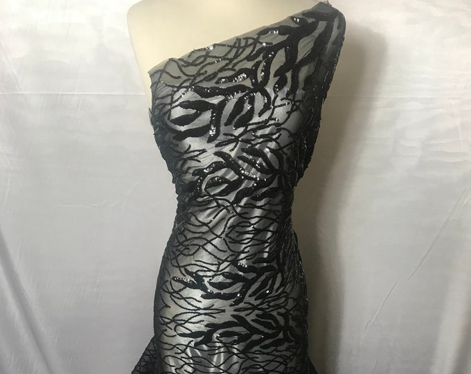 Black 4 WAY STRETCH Sequins On A Mesh Lace By The Yard.Wedding Prom dresses Tablecloths,Decoration,fashion Embroidery Night gowns,Skirts