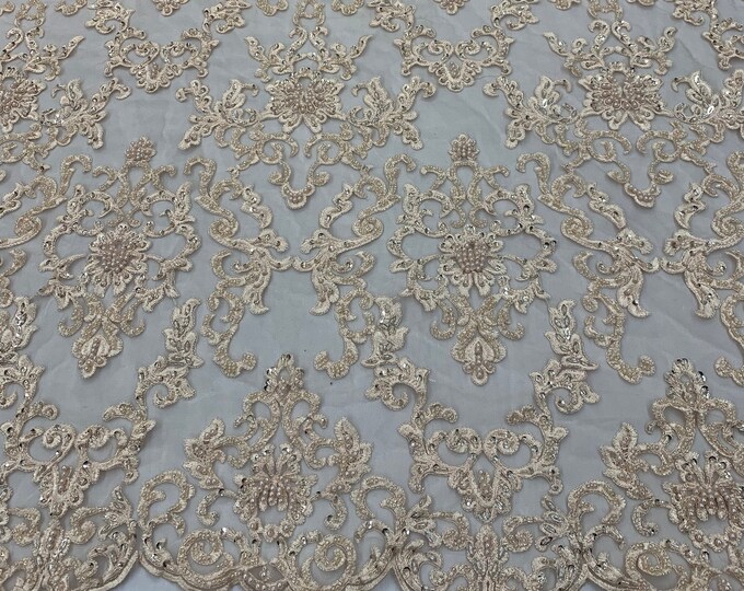 Deluxe Lace_ PEACH Embroidered Lace By Yard_ Beaded Mesh Lace Fabric_Handmade Heavy Lace Glass Beads_ Bridal Fabric, Wedding Gowns, Costumes