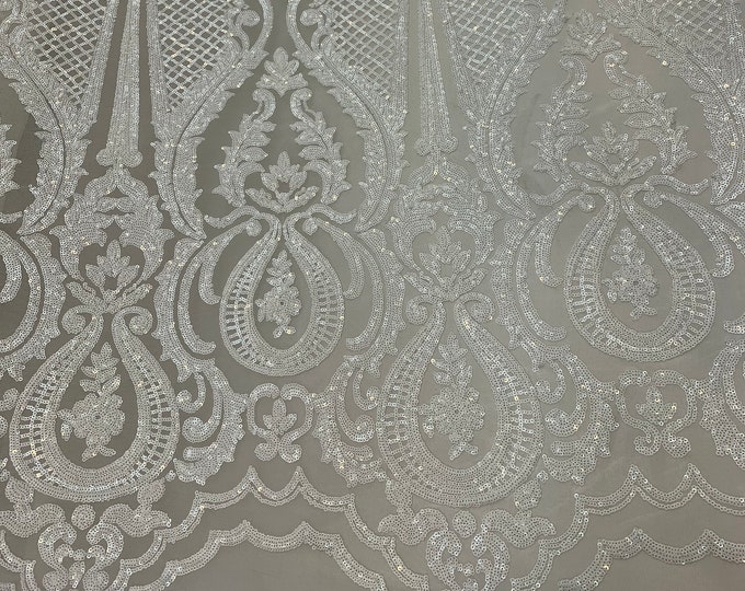 BY THE YARD/ Geometric Design Mesh Lace Fabric Sequins 4 Way Stretch On A White Mesh/Handmade Lace Embroider (White)Prom/Gowns/Wedding Dress