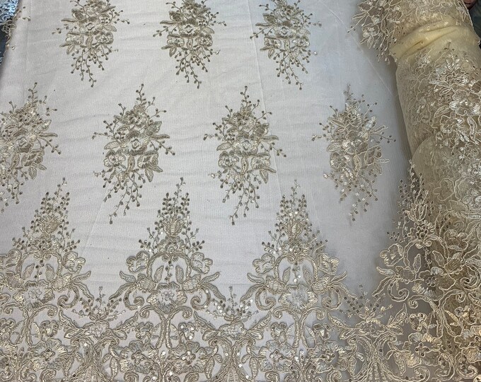 Hand Made Mesh Lace Embroidery Fabric By The Yard (Ivory) Flowers/Floral Lace Soft Mesh For Tablecloths, Runners, Skirts, Costumes, Decor