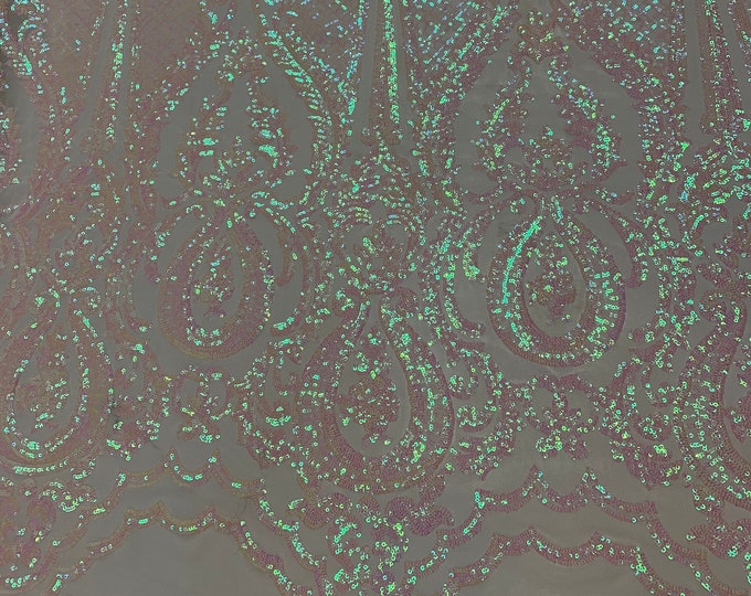 BY THE YARD/ Geometric Design Mesh Lace Fabric Sequins 4 Way Stretch On A White Mesh/Iridescent Embroider(White, Pink,Green)Prom/Gowns Dress