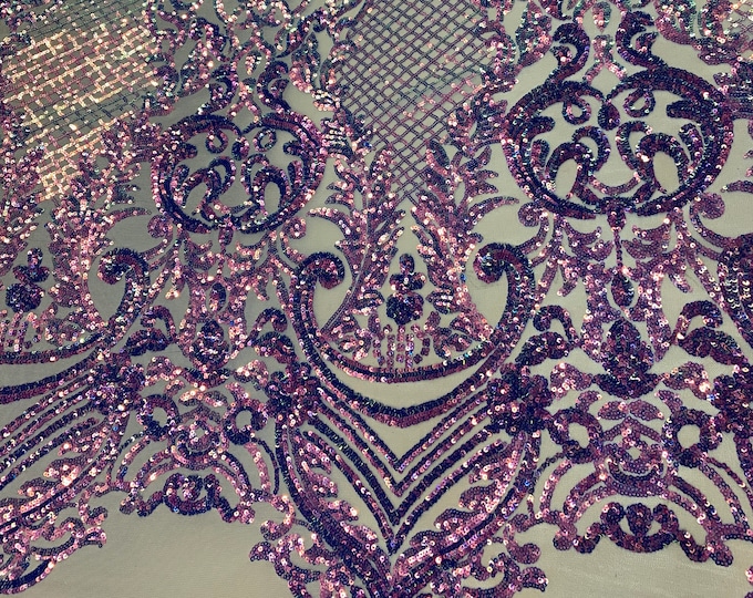 BY THE YARD/ Geometric Design Mesh Lace Fabric Sequins 4 Way Stretch On A Blush Mesh/Iridescent Embroider (Purple,Lilac) Prom/Gowns Dress