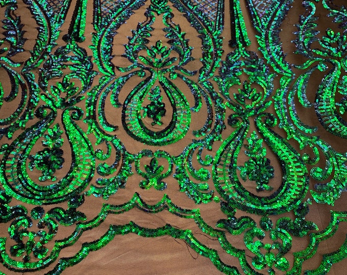 BY THE YARD/ Geometric Design Mesh Lace Fabric Sequins 4 Way Stretch On A Black Mesh/Iridescent Embroider (Green) Prom/Gowns/Veil Dress