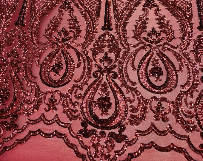 BY THE YARD/ Geometric Design Mesh Lace Fabric Sequins 4 Way Stretch On A Burgundy Mesh/Handmade Lace Embroider (Burgundy) Prom/Gowns Dress