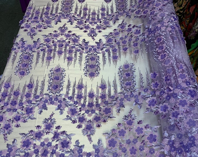 French Lace 3D Flowers/Floral Design/ Embroidered Mesh Lace Fabric By The Yard (Lavender,Purple) Tablecloths, Wedding Prom Dress,Night Gowns