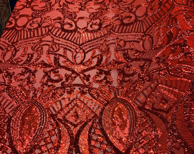 LONDON Design/ (Red) Spandex Sequins 4 Way Stretch Geometric Mesh Lace Fabric By The Yard/Embroidery Sequins Used For Prom Dress/Veil