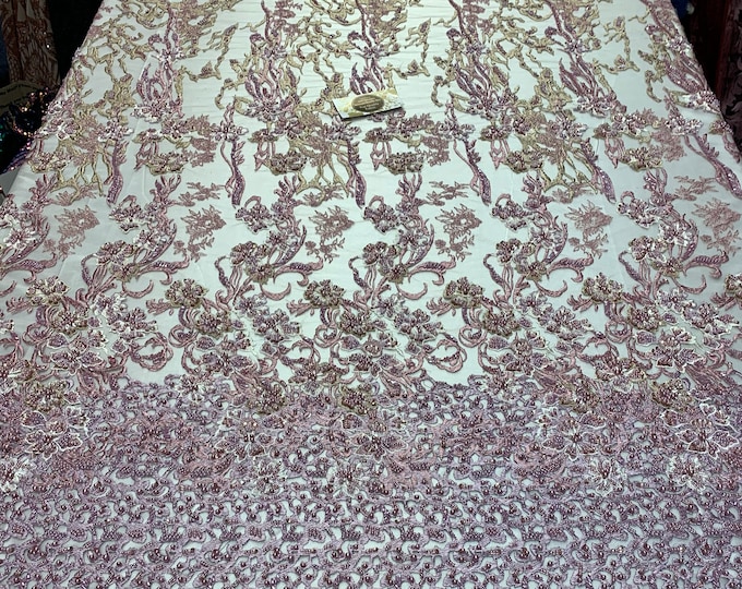 ITALIAN Design/ Floral Beaded Lace/Flower Mesh Lace Embroidery Fabric (By The Yard) Hand Beaded Lace (Lilac,White,Green) Wedding Prom Dress