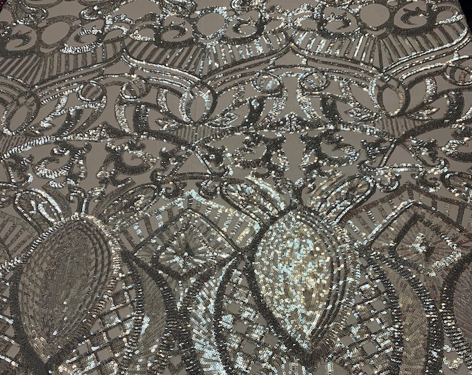 LONDON Design/ (Silver) Spandex Sequins 4 Way Stretch ON A Gray Mesh Lace Fabric By The Yard/Embroidery Sequins Used For Prom Dress/Veil