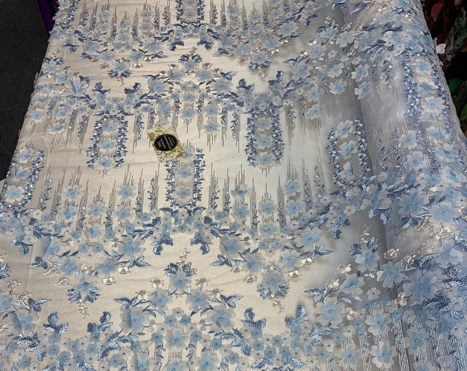 French Lace 3D Flowers/Floral Design/ Embroidered Mesh Lace Fabric By The Yard (Blue, White) For Tablecloths, Wedding Prom Dress,Night Gowns