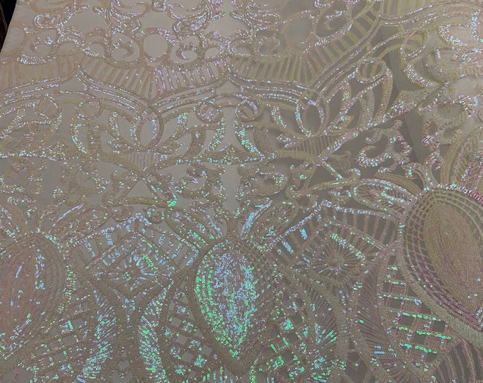 LONDON Design/Iridescent (White) Spandex Sequins 4 Way Stretch Geometric Mesh Lace Fabric By The Yard/Embroidery Sequins Used For Prom Dress