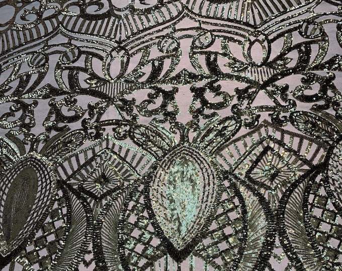 LONDON Design/ (Hunter Green) Spandex Sequins 4 Way Stretch Geometric Mesh Lace Fabric By The Yard/Embroidery Sequins Used For Prom Dress/