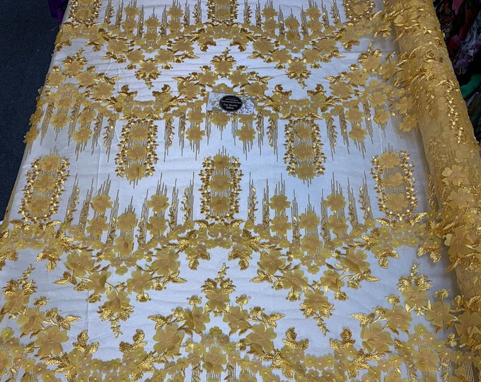 French Lace 3D Flowers/Floral Design/ Embroidered Mesh Lace Fabric By The Yard (Yellow) For Tablecloths, Wedding Prom Dress,Night Gowns