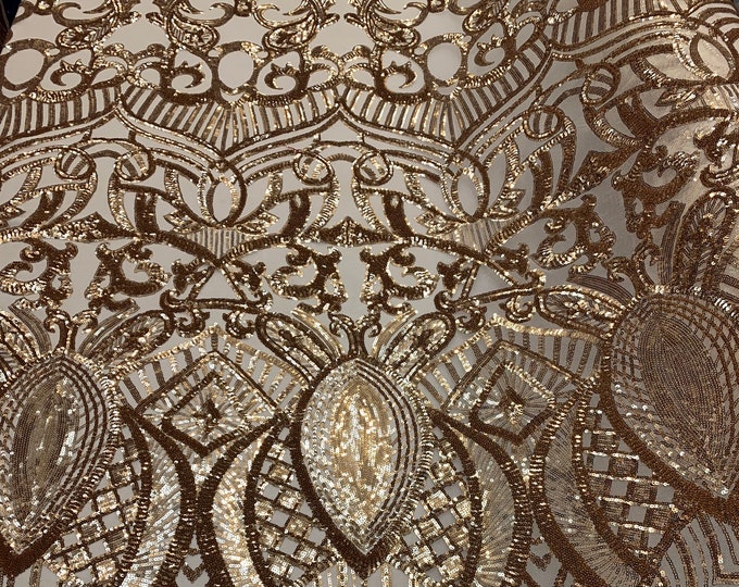 LONDON Design/ (Gold) Spandex Sequins 4 Way Stretch Geometric Mesh Lace Fabric By The Yard/Embroidery Sequins Used For Prom Dress/Veil