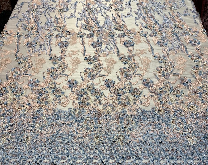 ITALIAN Design/ Floral Beaded Lace/Flower Mesh Lace Embroidery Fabric (By The Yard) Hand Beaded Lace (Blue,Peach,Ivory) Wedding Prom Dress