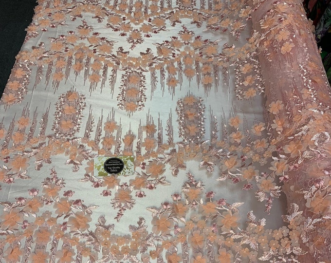 French Lace 3D Flowers/Floral Design/ Embroidered Mesh Lace Fabric By The Yard (Pink,Coral) For Tablecloths, Wedding Prom Dress,Night Gowns